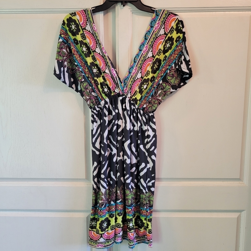 Y2K Funky People Pink Green Black White Bold Print Deep V-neck Mini Dress